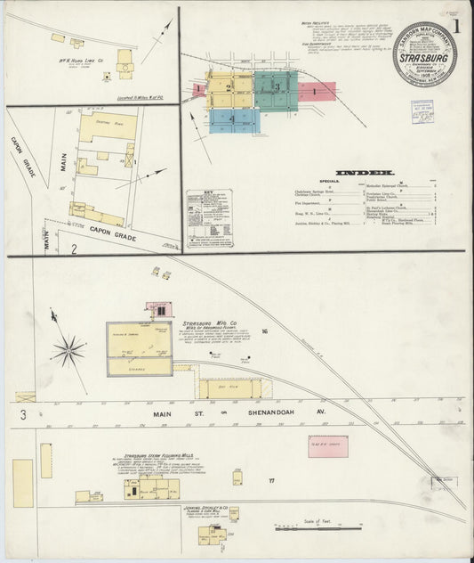 Sanborn Fire Insurance Map from Strasburg, Shenandoah County, Virginia (1908), Sheet #0001 - Complete Map Set gallery image, historic Sanborn map, vintage wall art, Virginia Virginia
