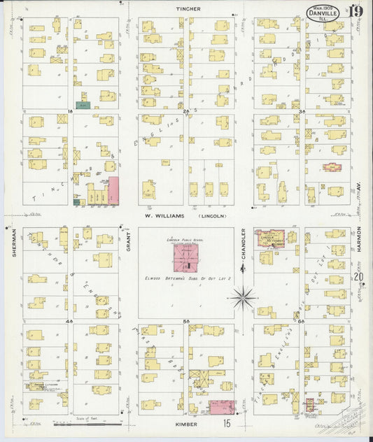 Sanborn Fire Insurance Map from Danville, Vermilion County, Illinois (1909), Sheet #0019 - Historic Sanborn Fire Insurance Map Print, vintage old map wall art, antique decor, genealogy gift, Illinois Illinois map