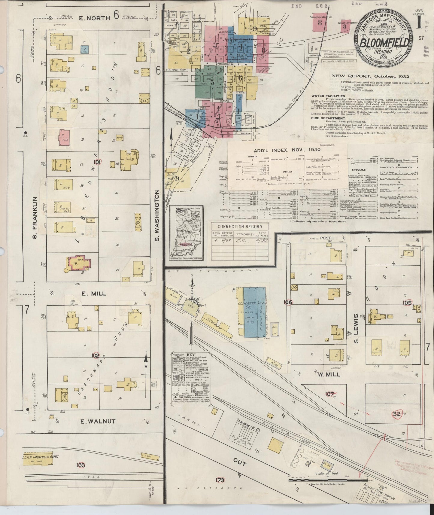 Sanborn Fire Insurance Map from Bloomfield, Greene County, Indiana (1940), Sheet #0001 - Complete Map Set gallery image, historic Sanborn map, vintage wall art, Indiana Indiana