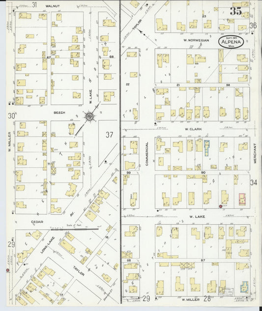 Sanborn Fire Insurance Map from Alpena, Alpena County, Michigan (1910), Sheet #0035 - Historic Sanborn Fire Insurance Map Print, vintage old map wall art, antique decor, genealogy gift, Michigan Michigan map