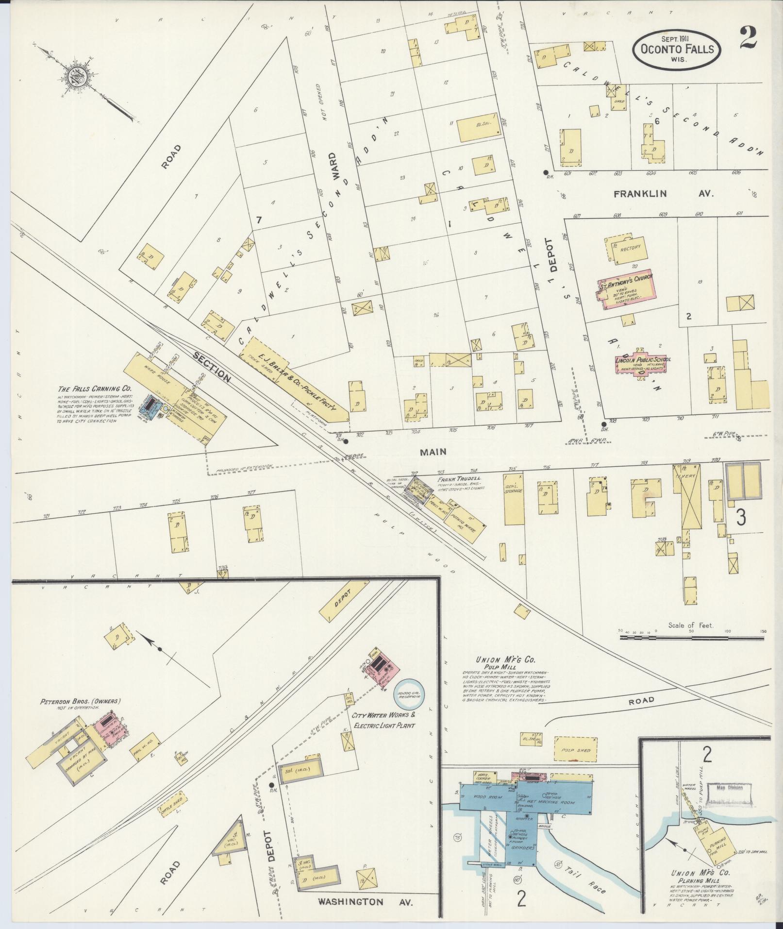 Sanborn Fire Insurance Map from Oconto Falls, Oconto County, Wisconsin (1911), Sheet #0002 - Historic Sanborn Fire Insurance Map Print, vintage old map wall art, antique decor, genealogy gift, Wisconsin Wisconsin map