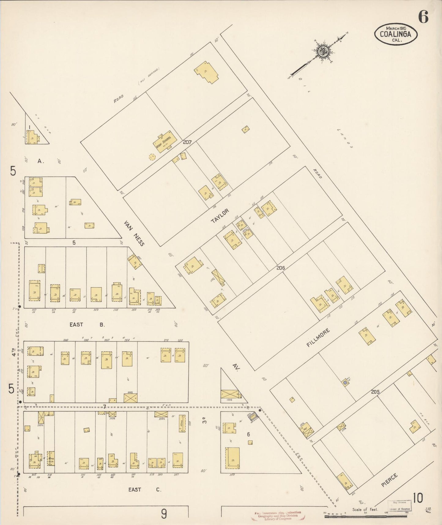Sanborn Fire Insurance Map from Coalinga, Fresno County, California (1910), Sheet #0006 - Complete Map Set gallery image, historic Sanborn map, vintage wall art, California California
