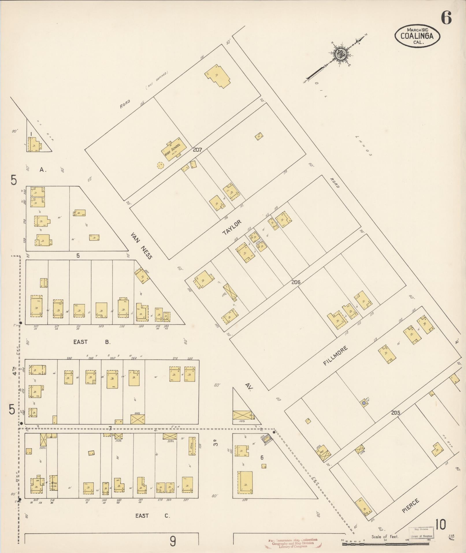 Sanborn Fire Insurance Map from Coalinga, Fresno County, California (1910), Sheet #0006 - Complete Map Set gallery image, historic Sanborn map, vintage wall art, California California