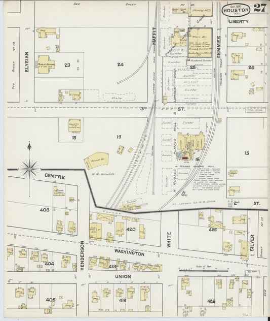 Sanborn Fire Insurance Map from Houston, Harris County, Texas (1890), Sheet #0027 - Historic Sanborn Fire Insurance Map Print, vintage old map wall art, antique decor, genealogy gift, Texas Texas map