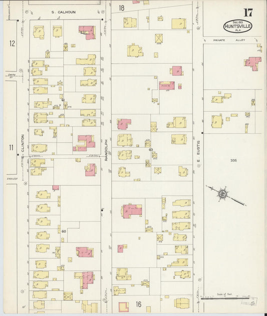 Sanborn Fire Insurance Map from Huntsville, Madison County, Alabama (1913), Sheet #0017 - Historic Sanborn Fire Insurance Map Print, vintage old map wall art, antique decor, genealogy gift, Alabama Alabama map