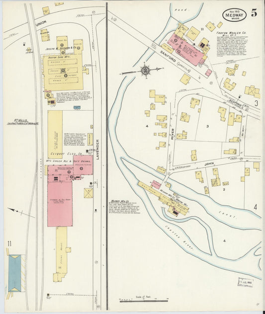 Sanborn Fire Insurance Map from Medway, Norfolk County, Massachusetts (1910), Sheet #0005 - Historic Sanborn Fire Insurance Map Print, vintage old map wall art, antique decor, genealogy gift, Massachusetts Massachusetts map