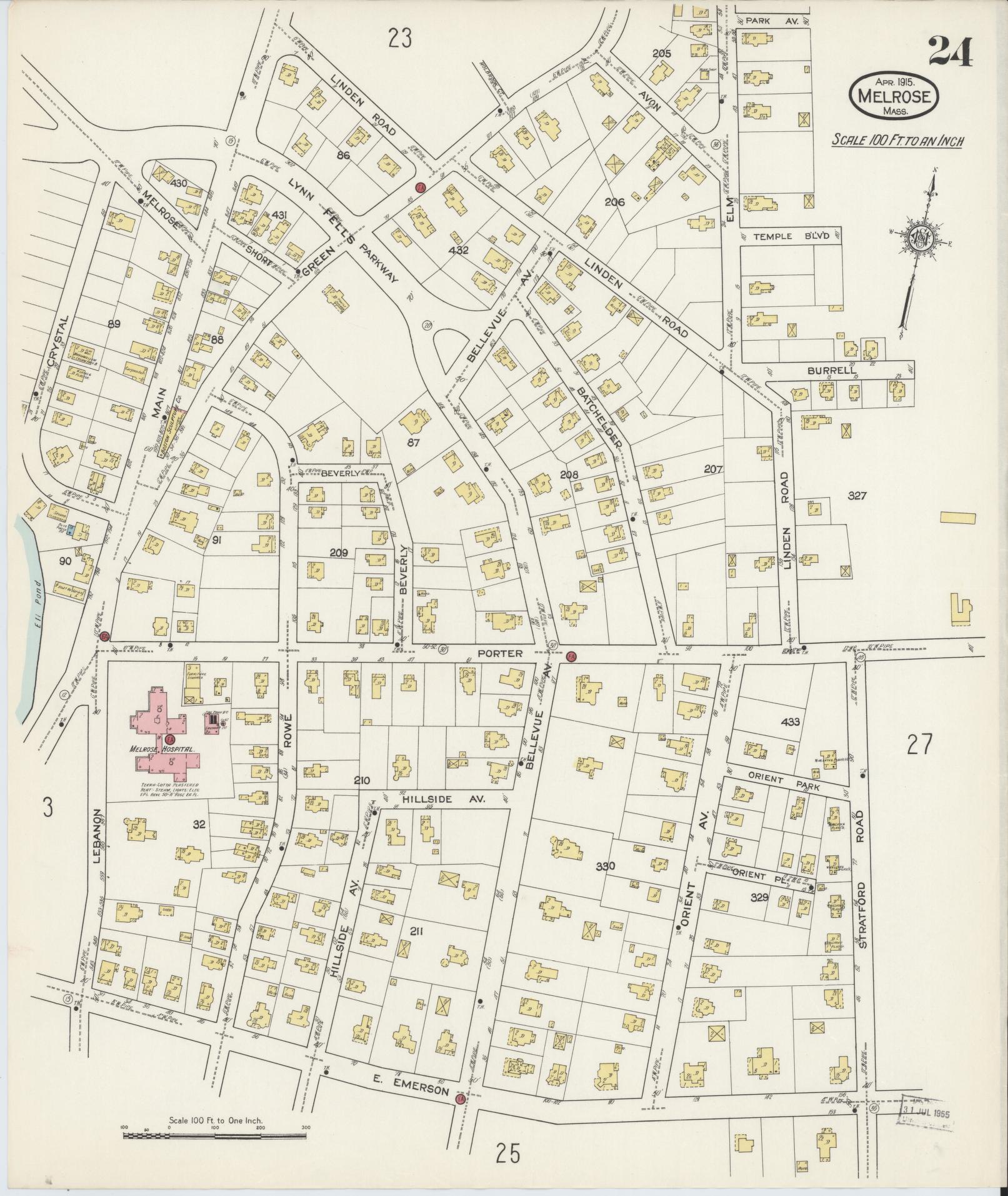 Sanborn Fire Insurance Map from Melrose, Middlesex County, Massachusetts (1915), Sheet #0024 - Historic Sanborn Fire Insurance Map Print, vintage old map wall art, antique decor, genealogy gift, Massachusetts Massachusetts map