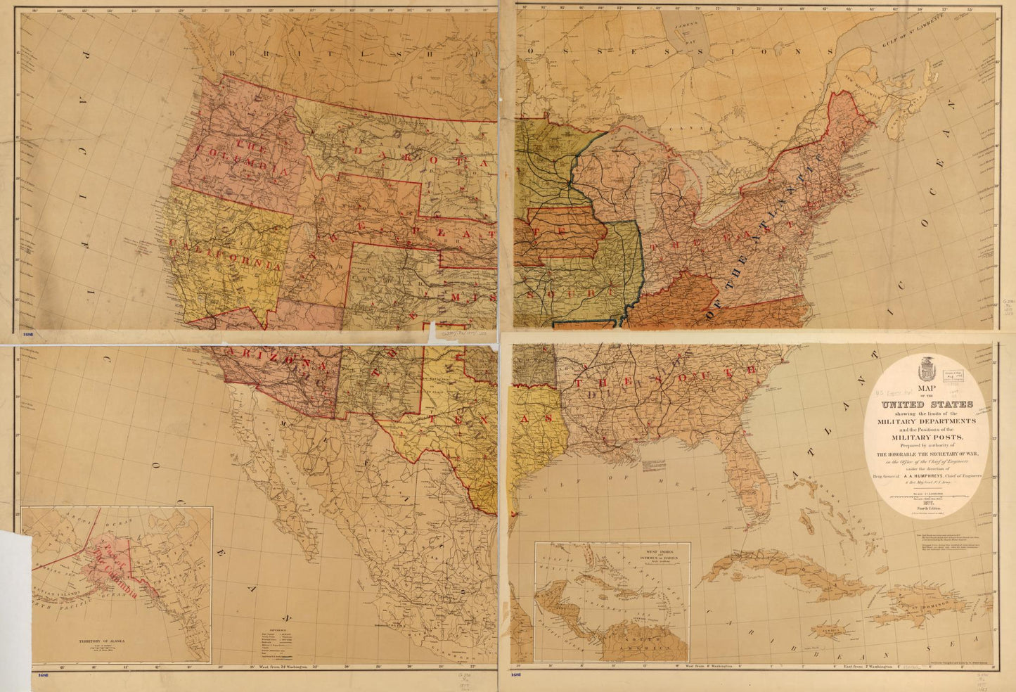 Map of the United States showing the limits of the military departments and the positions of the military posts Civil War Map (1877) - Historic Battlefield Map Reprint