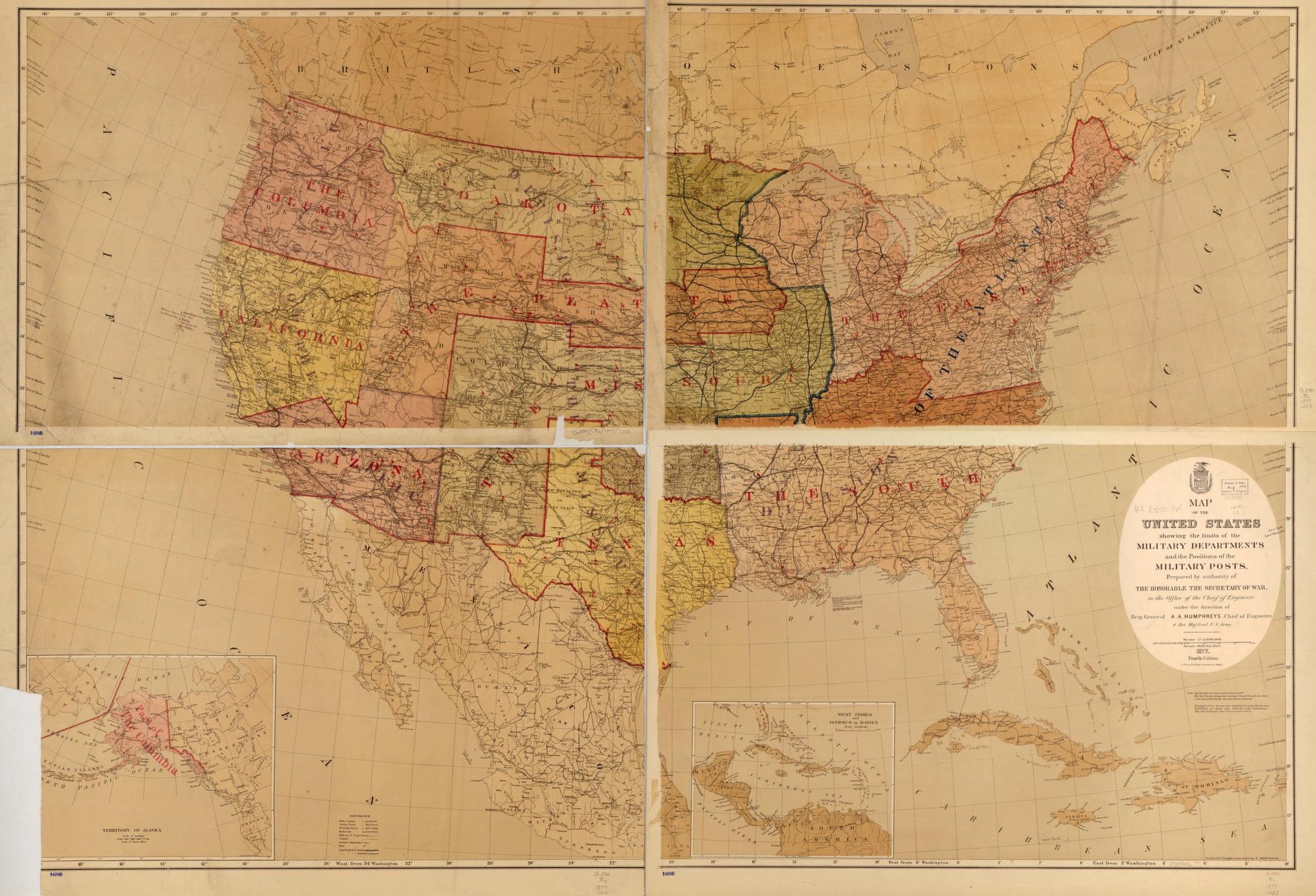 Map of the United States showing the limits of the military departments and the positions of the military posts Civil War Map (1877) - Historic Battlefield Map Reprint