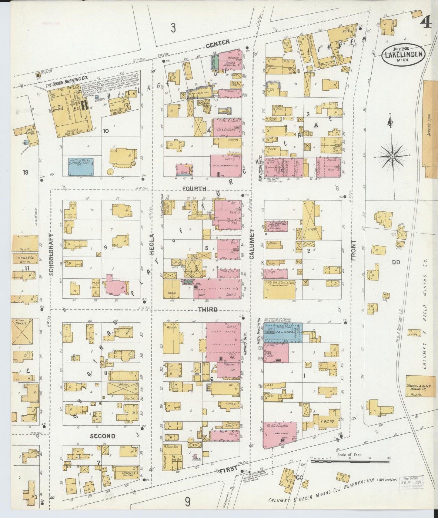 Sanborn Fire Insurance Map from Lake Linden, Houghton County, Michigan (1900), Sheet #0004 - Complete Map Set gallery image, historic Sanborn map, vintage wall art, Michigan Michigan