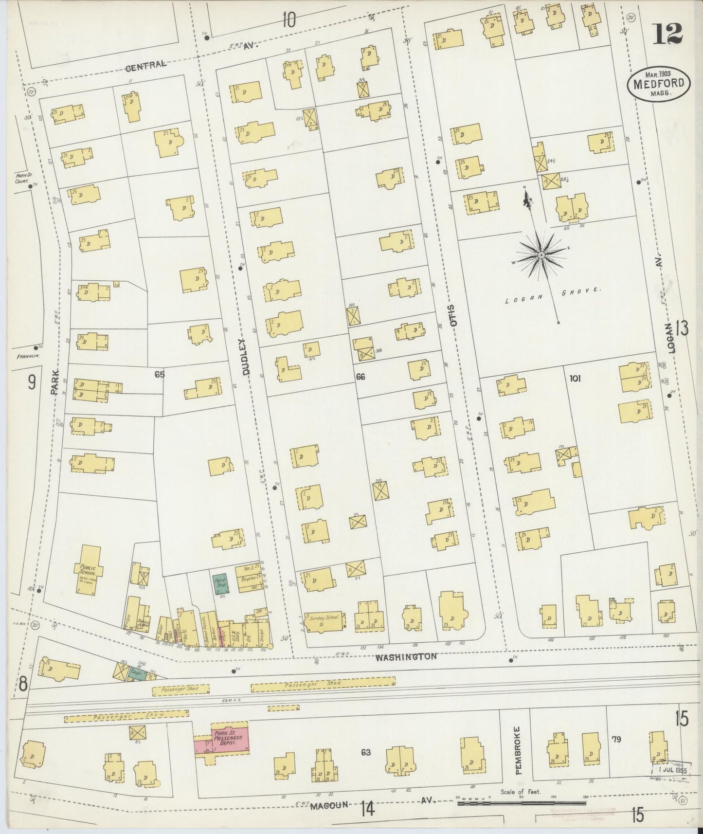 Sanborn Fire Insurance Map from Medford, Middlesex County, Massachusetts (1903), Sheet #0012 - Historic Sanborn Fire Insurance Map Print, vintage old map wall art, antique decor, genealogy gift, Massachusetts Massachusetts map