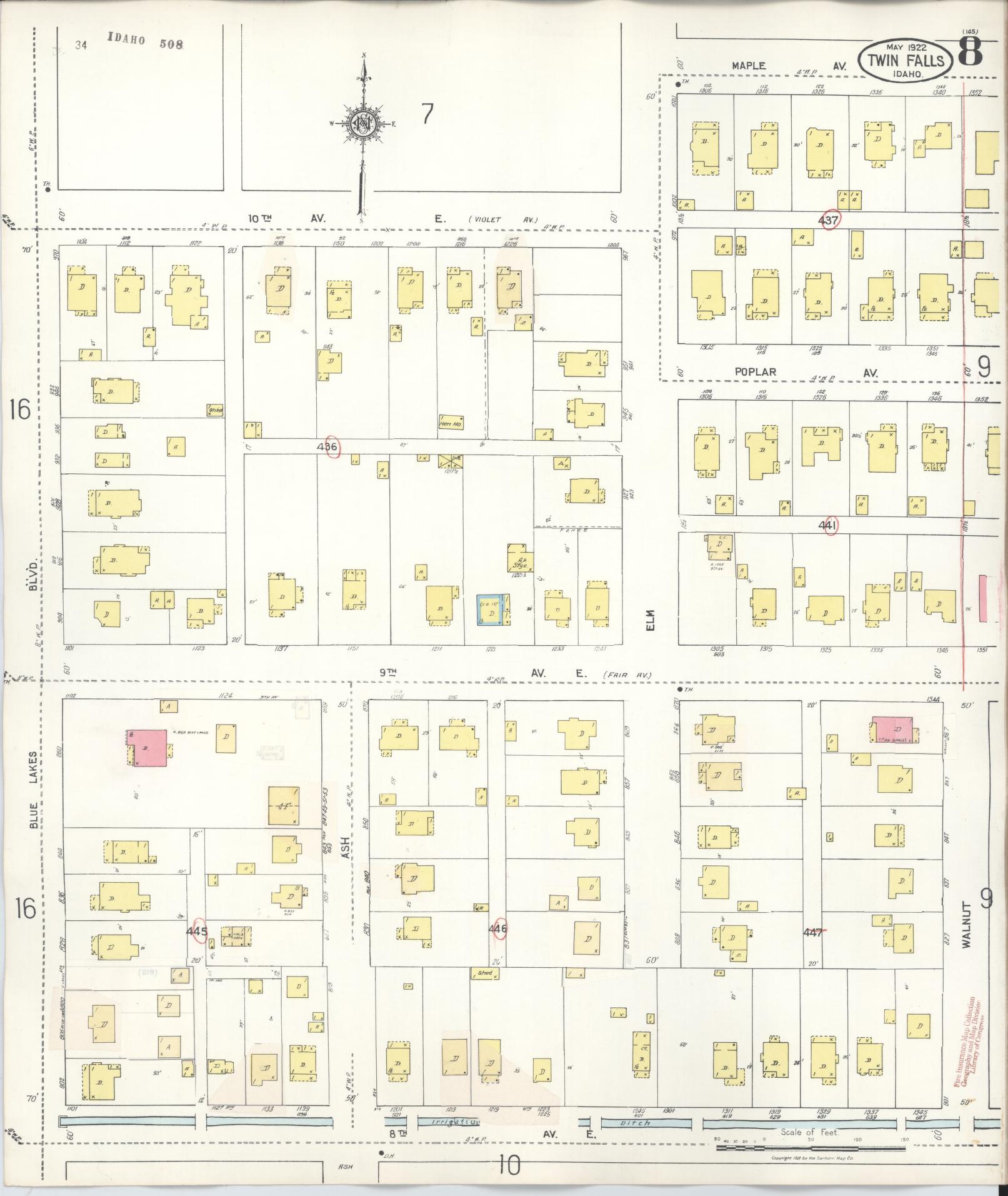 Sanborn Fire Insurance Map from Twin Falls, Twin Falls County, Idaho (1949), Sheet #0008 - Complete Map Set gallery image, historic Sanborn map, vintage wall art, Falls Idaho