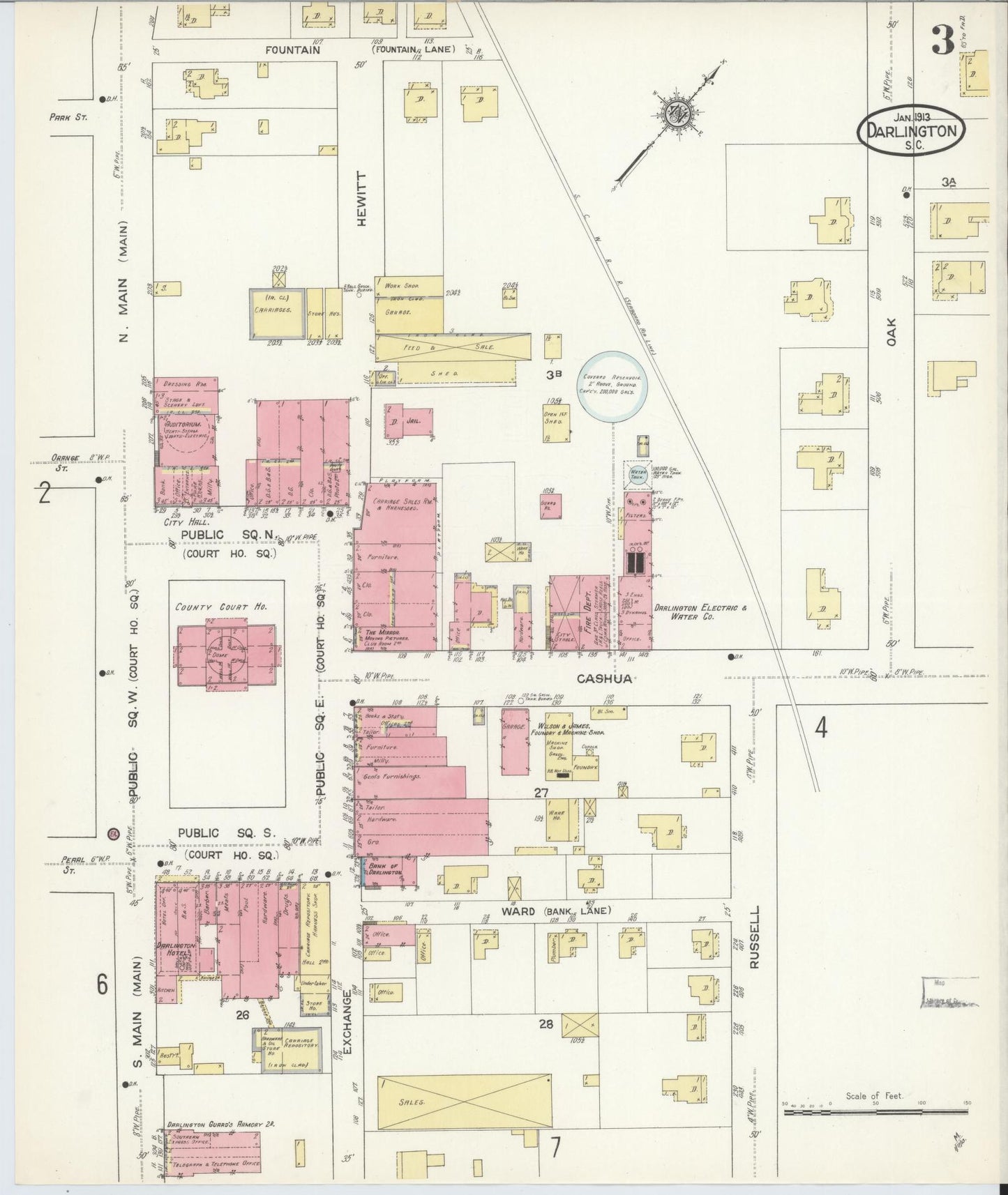 Sanborn Fire Insurance Map from Darlington, Darlington County, South Carolina (1913), Sheet #0003 - Complete Map Set gallery image, historic Sanborn map, vintage wall art, South Carolina South Carolina