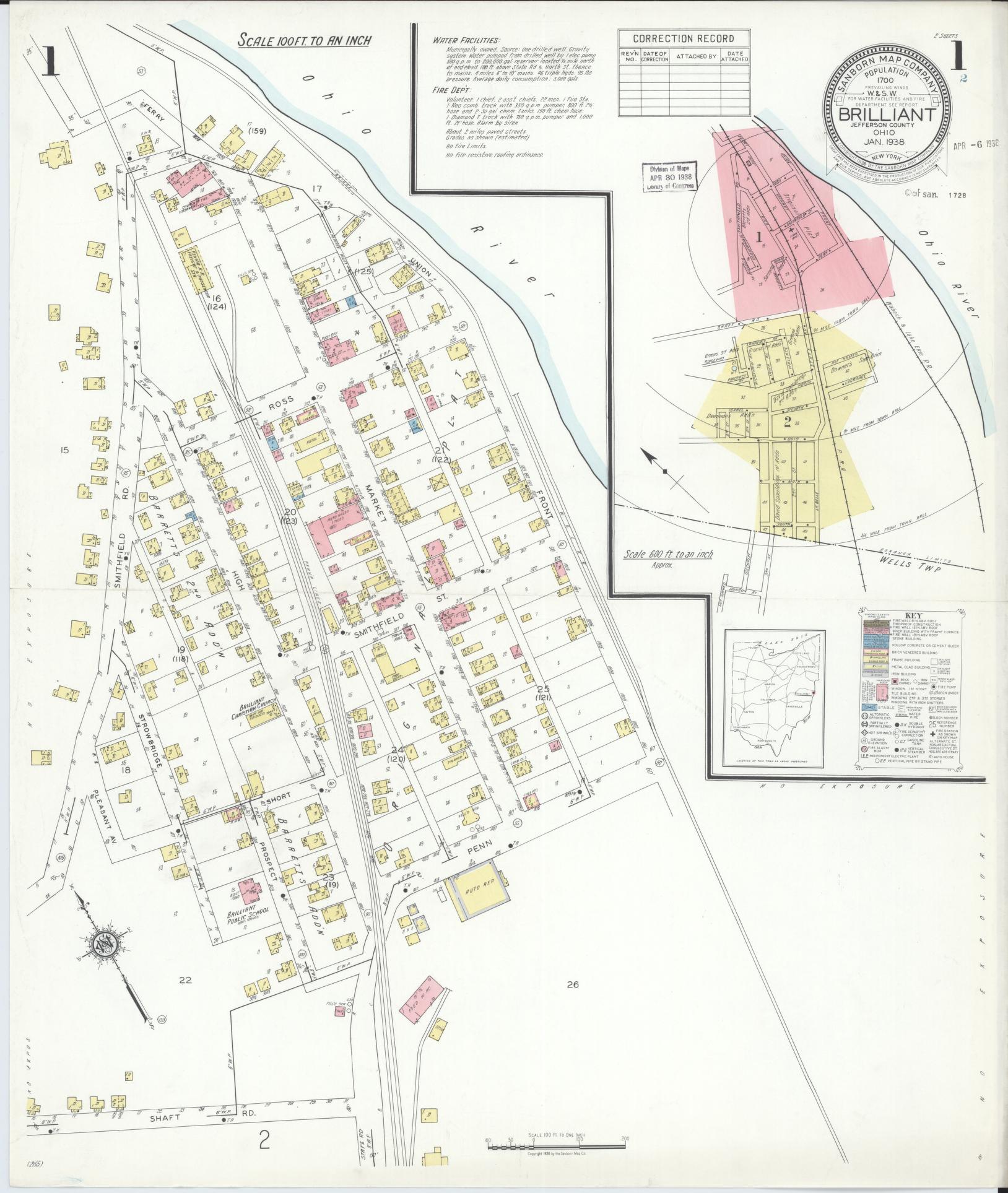 Sanborn Fire Insurance Map from Brilliant, Jefferson County, Ohio (1938), Sheet #0001 - Historic Sanborn Fire Insurance Map Print, vintage old map wall art, antique decor, genealogy gift, Ohio Ohio map
