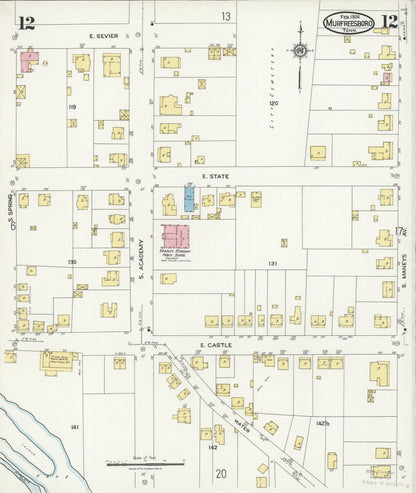 Sanborn Fire Insurance Map from Murfreesboro, Rutherford County, Tennessee (1924), Sheet #0012 - Complete Map Set gallery image, historic Sanborn map, vintage wall art, Tennessee Tennessee