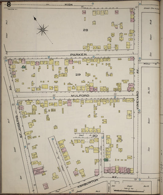 Sanborn Fire Insurance Map from Yonkers, Westchester County, New York (1886), Sheet #0008 - Historic Sanborn Fire Insurance Map Print, vintage old map wall art, antique decor, genealogy gift, New York New York map