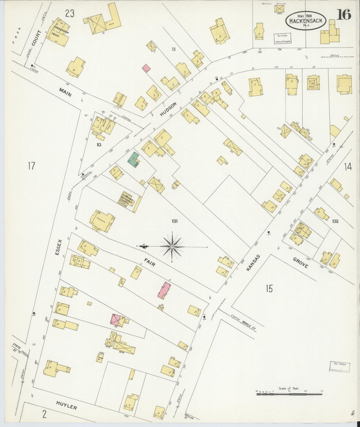 Sanborn Fire Insurance Map from Hackensack, Bergen County, New Jersey (1908), Sheet #0016 - Complete Map Set gallery image, historic Sanborn map, vintage wall art, New Jersey New Jersey