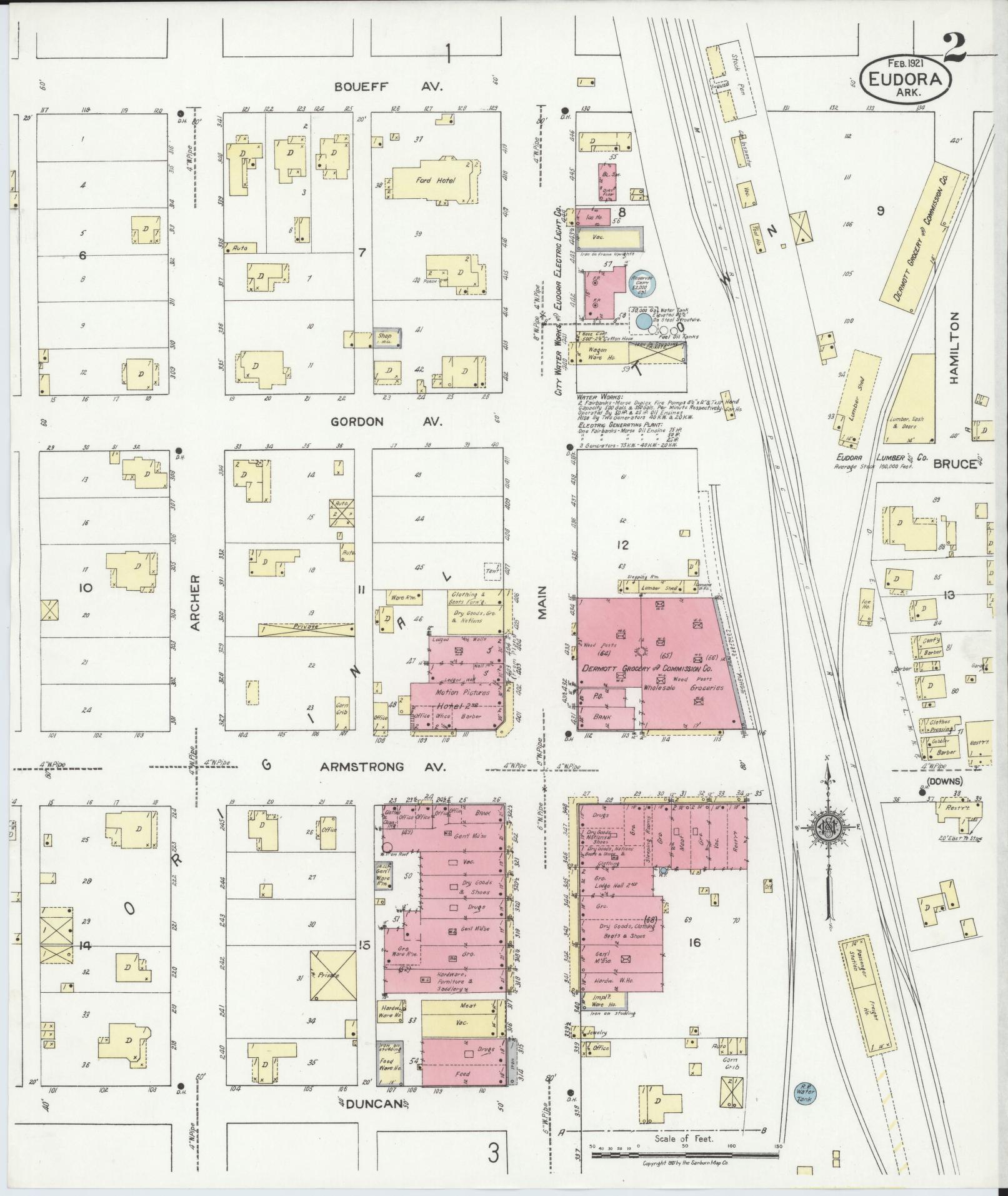 Sanborn Fire Insurance Map from Eudora, Chicot County, Arkansas (1921), Sheet #0002 - Complete Map Set gallery image, historic Sanborn map, vintage wall art, Arkansas Arkansas