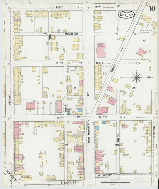 Sanborn Fire Insurance Map from Easton, Northampton County, Pennsylvania (1892), Sheet #0010 - Historic Sanborn Fire Insurance Map Print, vintage old map wall art, antique decor, genealogy gift, Pennsylvania Pennsylvania map