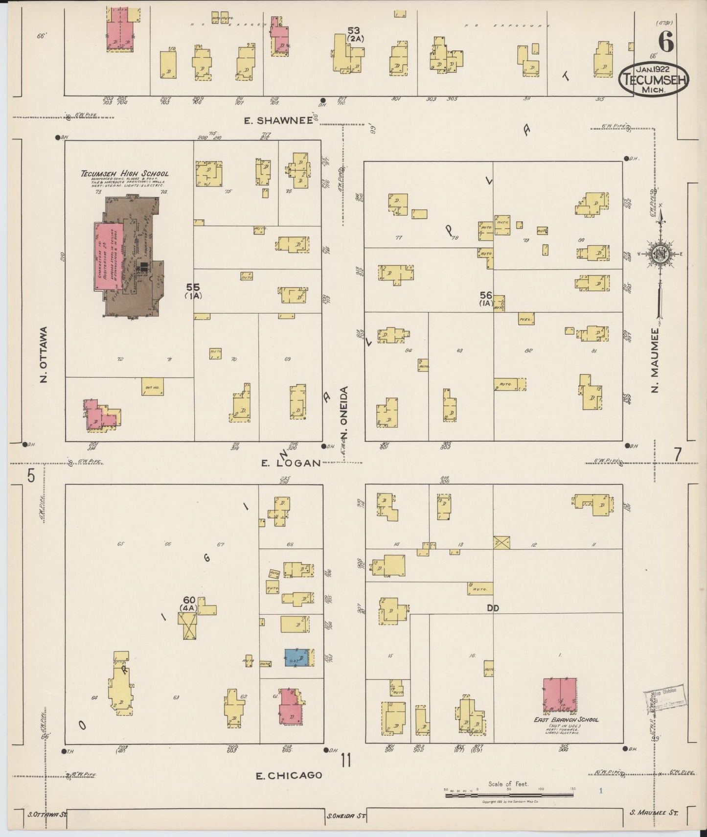 Sanborn Fire Insurance Map from Tecumseh, Lenawee County, Michigan (1922), Sheet #0006 - Historic Sanborn Fire Insurance Map Print, vintage old map wall art, antique decor, genealogy gift, Michigan Michigan map