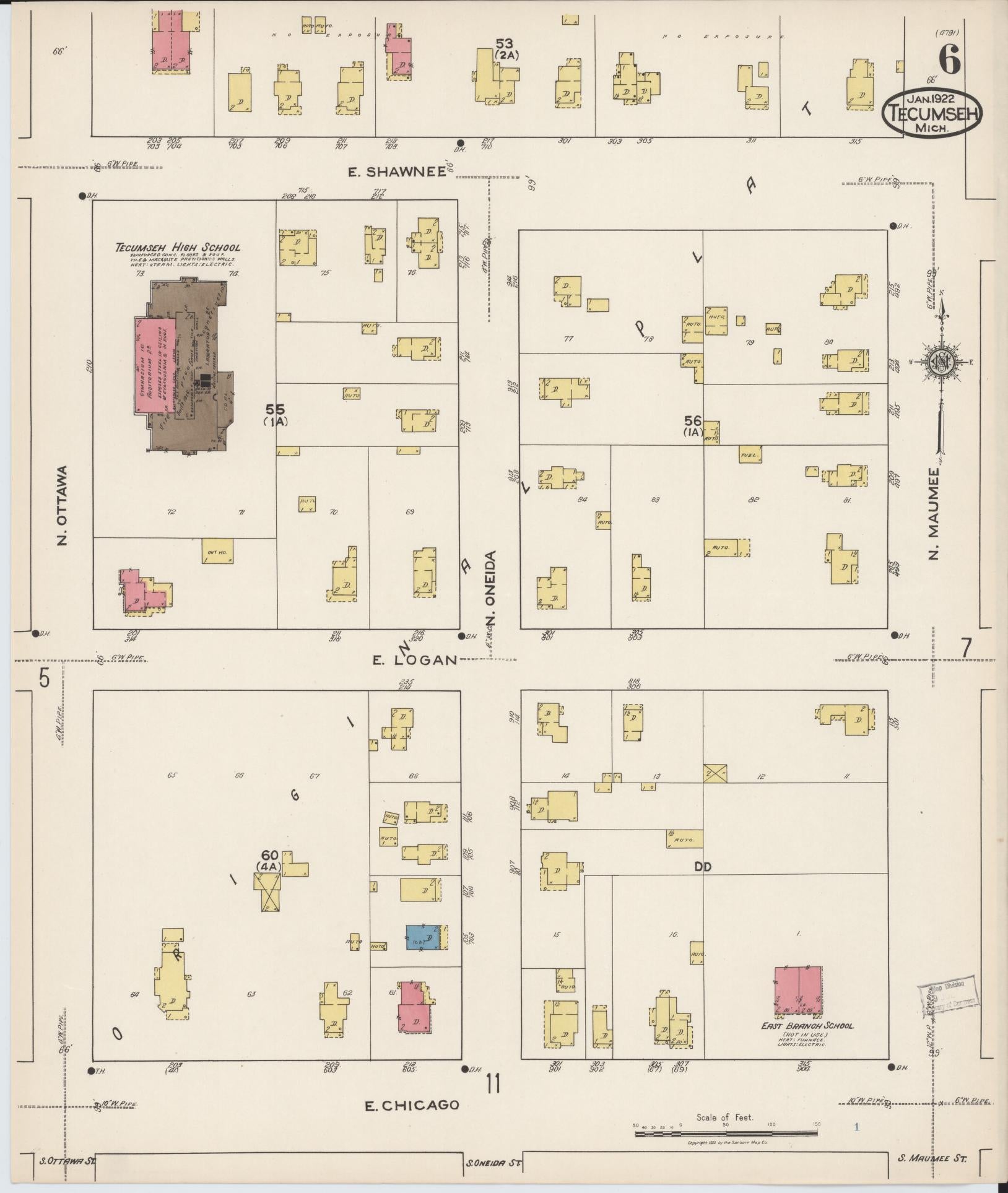 Sanborn Fire Insurance Map from Tecumseh, Lenawee County, Michigan (1922), Sheet #0006 - Historic Sanborn Fire Insurance Map Print, vintage old map wall art, antique decor, genealogy gift, Michigan Michigan map