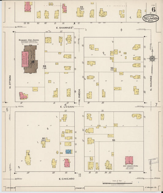 Sanborn Fire Insurance Map from Tecumseh, Lenawee County, Michigan (1922), Sheet #0006 - Historic Sanborn Fire Insurance Map Print, vintage old map wall art, antique decor, genealogy gift, Michigan Michigan map
