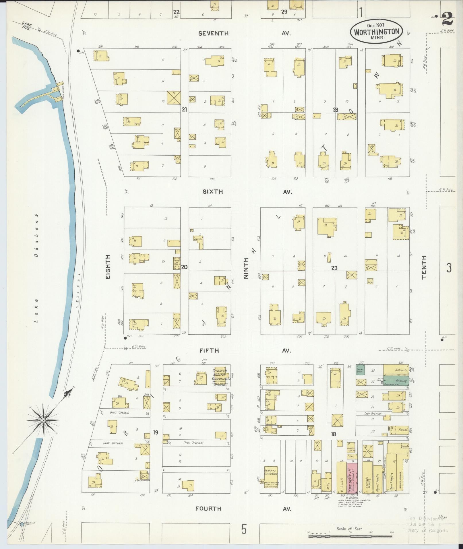 Sanborn Fire Insurance Map from Worthington, Nobles County, Minnesota (1907), Sheet #0002 - Historic Sanborn Fire Insurance Map Print, vintage old map wall art, antique decor, genealogy gift, Minnesota Minnesota map