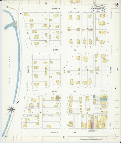 Sanborn Fire Insurance Map from Worthington, Nobles County, Minnesota (1907), Sheet #0002 - Historic Sanborn Fire Insurance Map Print, vintage old map wall art, antique decor, genealogy gift, Minnesota Minnesota map