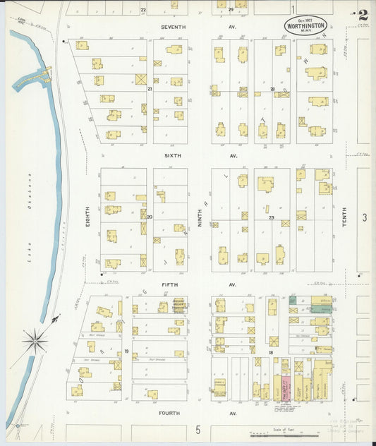 Sanborn Fire Insurance Map from Worthington, Nobles County, Minnesota (1907), Sheet #0002 - Historic Sanborn Fire Insurance Map Print, vintage old map wall art, antique decor, genealogy gift, Minnesota Minnesota map