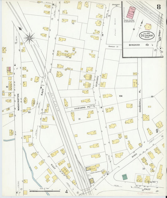 Sanborn Fire Insurance Map from Dedham, Norfolk County, Massachusetts (1909), Sheet #0008 - Historic Sanborn Fire Insurance Map Print, vintage old map wall art, antique decor, genealogy gift, Massachusetts Massachusetts map