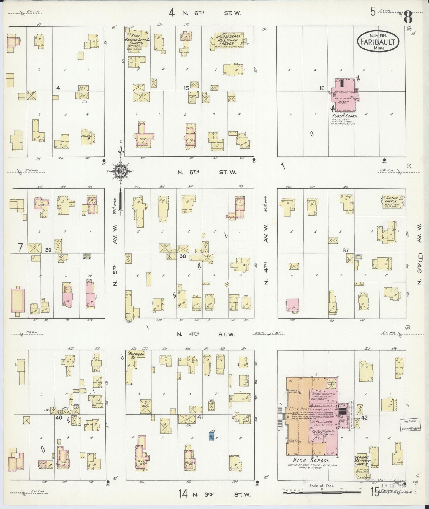 Sanborn Fire Insurance Map from Faribault, Rice County, Minnesota (1914), Sheet #0008 - Historic Sanborn Fire Insurance Map Print, vintage old map wall art, antique decor, genealogy gift, Minnesota Minnesota map