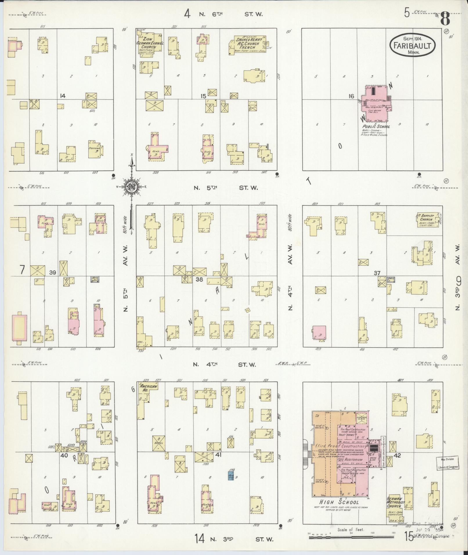 Sanborn Fire Insurance Map from Faribault, Rice County, Minnesota (1914), Sheet #0008 - Historic Sanborn Fire Insurance Map Print, vintage old map wall art, antique decor, genealogy gift, Minnesota Minnesota map