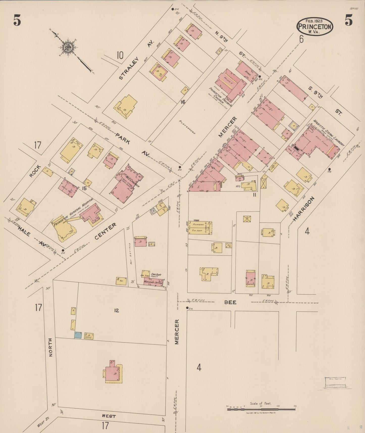 Sanborn Fire Insurance Map from Princeton, Mercer County, West Virginia (1923), Sheet #0005 - Complete Map Set gallery image, historic Sanborn map, vintage wall art, West Virginia West Virginia
