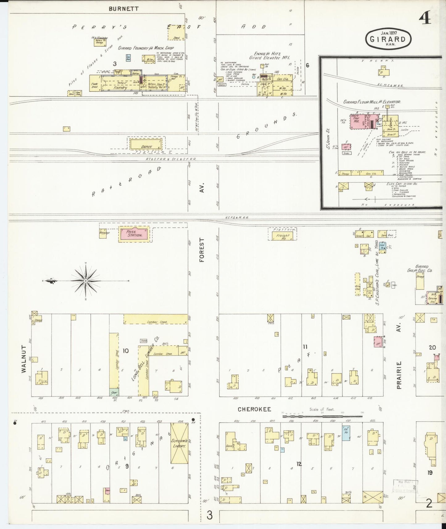 Sanborn Fire Insurance Map from Girard, Crawford County, Kansas (1897), Sheet #0004 - Complete Map Set gallery image, historic Sanborn map, vintage wall art, Kansas Kansas
