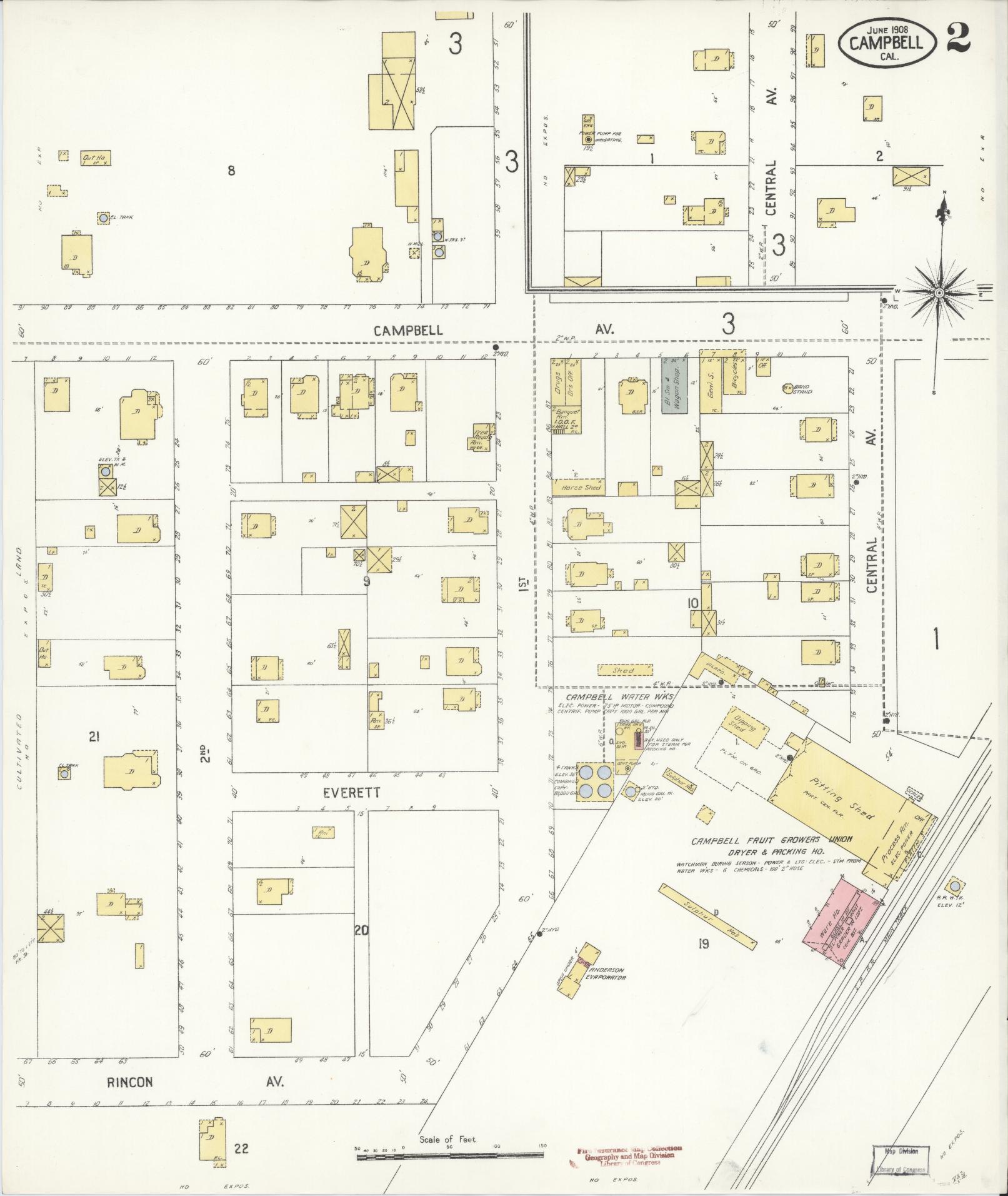 Sanborn Fire Insurance Map from Campbell, Santa Clara County, California (1908), Sheet #0002 - Historic Sanborn Fire Insurance Map Print, vintage old map wall art, antique decor, genealogy gift, California California map
