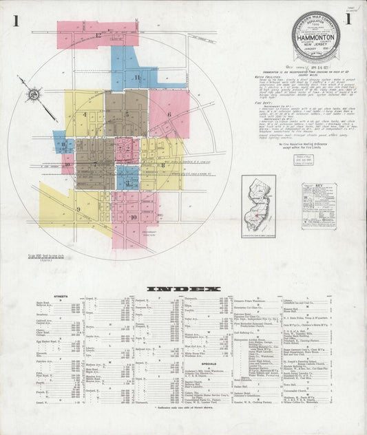 Sanborn Fire Insurance Map from Hammonton, Atlantic County, New Jersey (1930), Sheet #0001 - Historic Sanborn Fire Insurance Map Print, vintage old map wall art, antique decor, genealogy gift, New Jersey New Jersey map