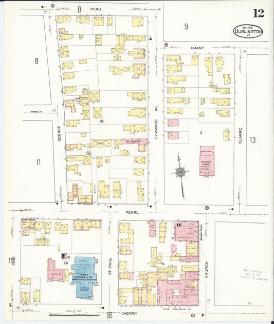 Sanborn Fire Insurance Map from Burlington, Chittenden County, Vermont (1912), Sheet #0012 - Historic Sanborn Fire Insurance Map Print, vintage old map wall art, antique decor, genealogy gift, Vermont Vermont map