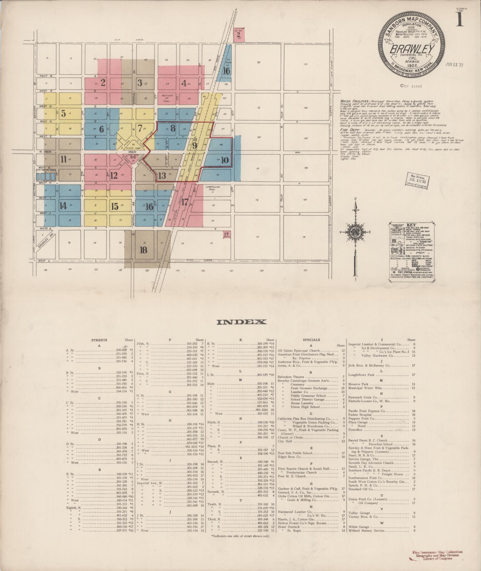 Sanborn Fire Insurance Map from Brawley, Imperial County, California (1922), Sheet #0001 - Complete Map Set gallery image, historic Sanborn map, vintage wall art, California California
