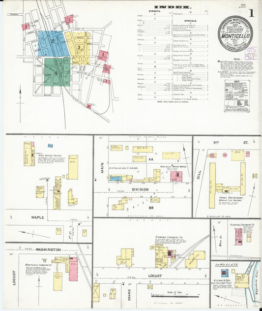 Sanborn Fire Insurance Map from Monticello, Jones County, Iowa (1905), Sheet #0001 - Historic Sanborn Fire Insurance Map Print, vintage old map wall art