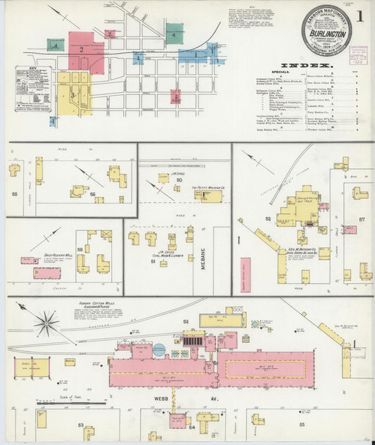 Sanborn Fire Insurance Map from Burlington, Alamance County, North Carolina (1904), Sheet #0001 - Complete Map Set gallery image, historic Sanborn map, vintage wall art, North Carolina North Carolina