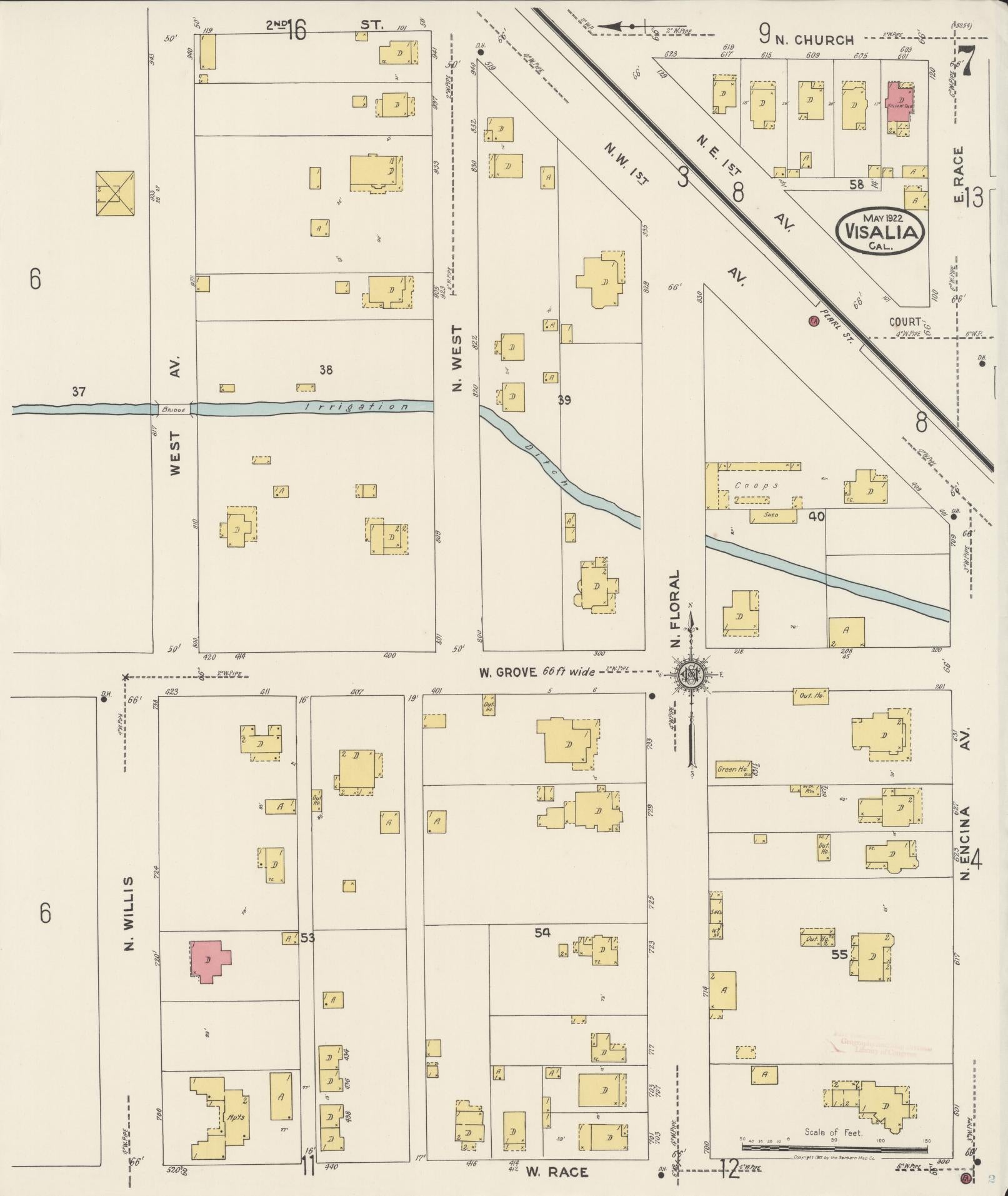 Sanborn Fire Insurance Map from Visalia, Tulare County, California (1922), Sheet #0007 - Complete Map Set gallery image, historic Sanborn map, vintage wall art, California California