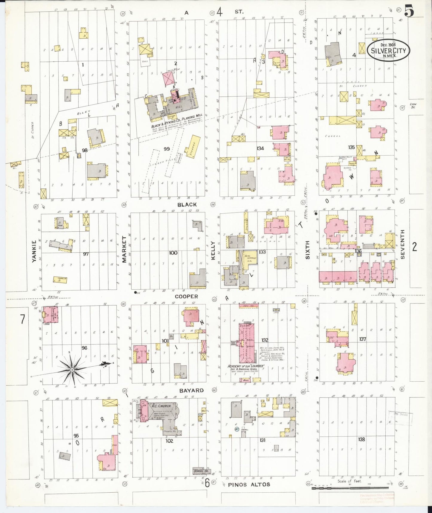 Sanborn Fire Insurance Map from Silver City, Grant County, New Mexico (1908), Sheet #0005 - Historic Sanborn Fire Insurance Map Print, vintage old map wall art, antique decor, genealogy gift, New Mexico New Mexico map