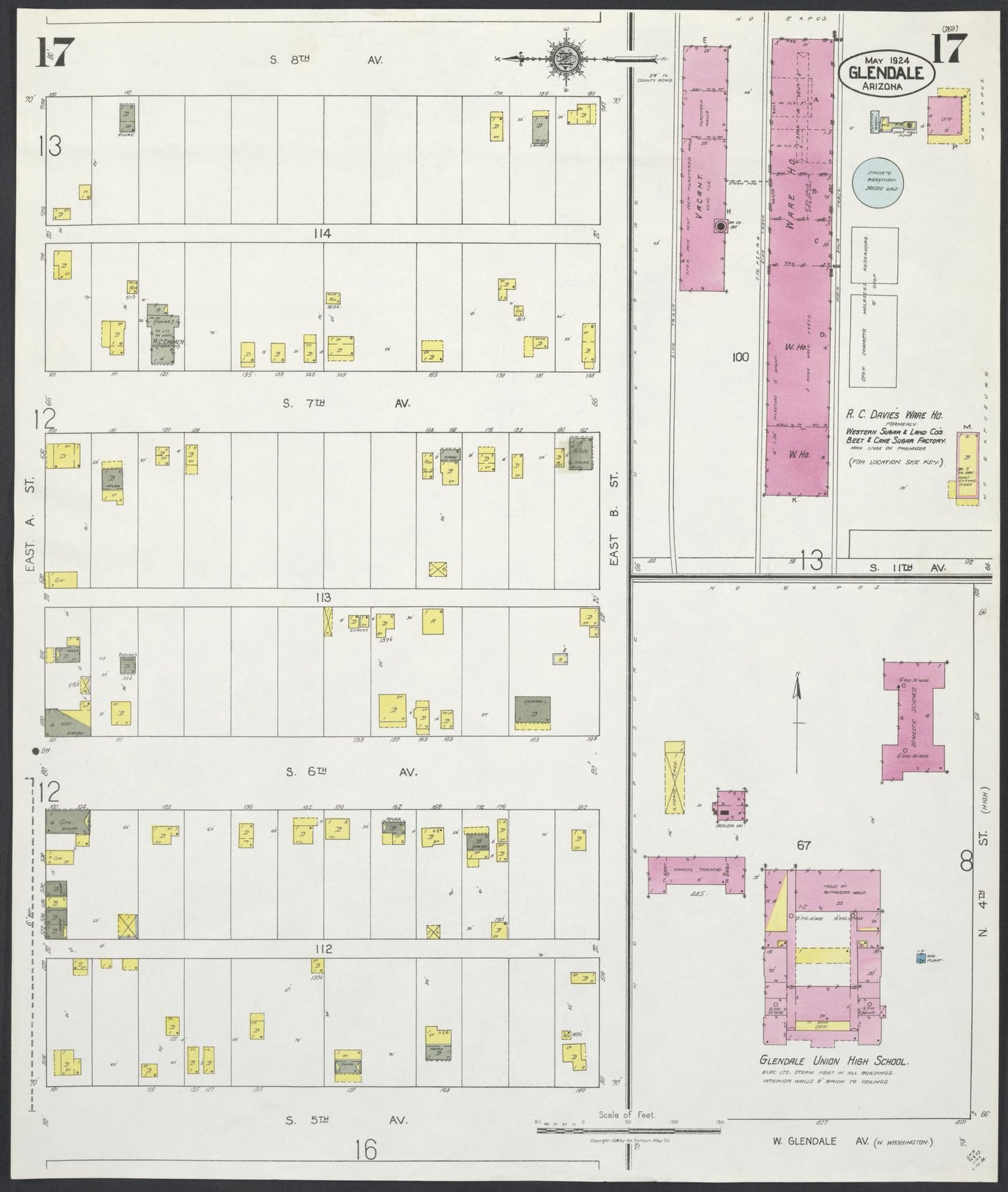 Sanborn Fire Insurance Map from Glendale, Maricopa County, Arizona (1924), Sheet #0017 - Historic Sanborn Fire Insurance Map Print, vintage old map wall art, antique decor, genealogy gift, Arizona Arizona map