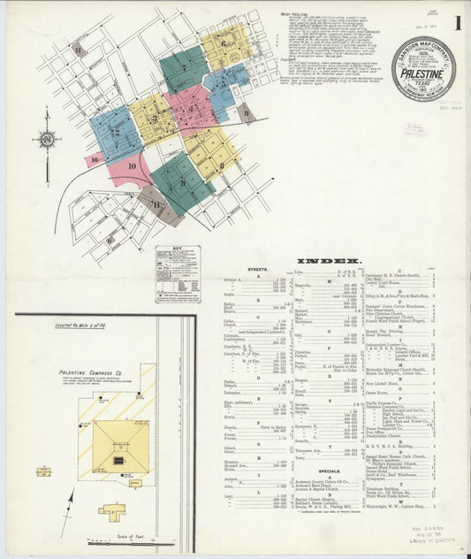 Sanborn Fire Insurance Map from Palestine, Anderson County, Texas (1911), Sheet #0001 - Historic Sanborn Fire Insurance Map Print, vintage old map wall art, antique decor, genealogy gift, Texas Texas map