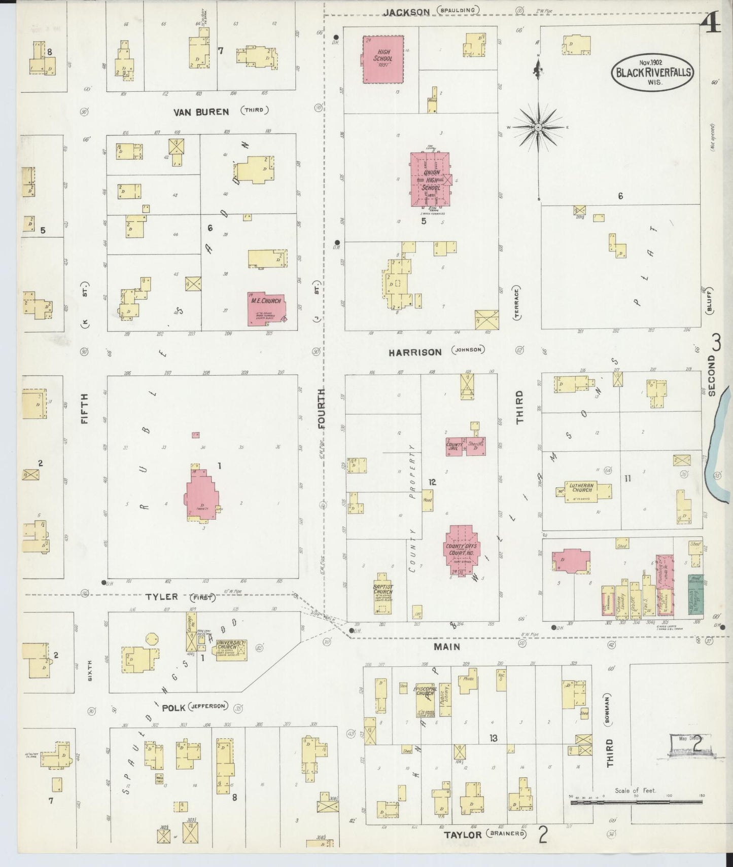 Sanborn Fire Insurance Map from Black River Falls, Jackson County, Wisconsin (1902), Sheet #0004 - Historic Sanborn Fire Insurance Map Print, vintage old map wall art, antique decor, genealogy gift, Wisconsin Wisconsin map