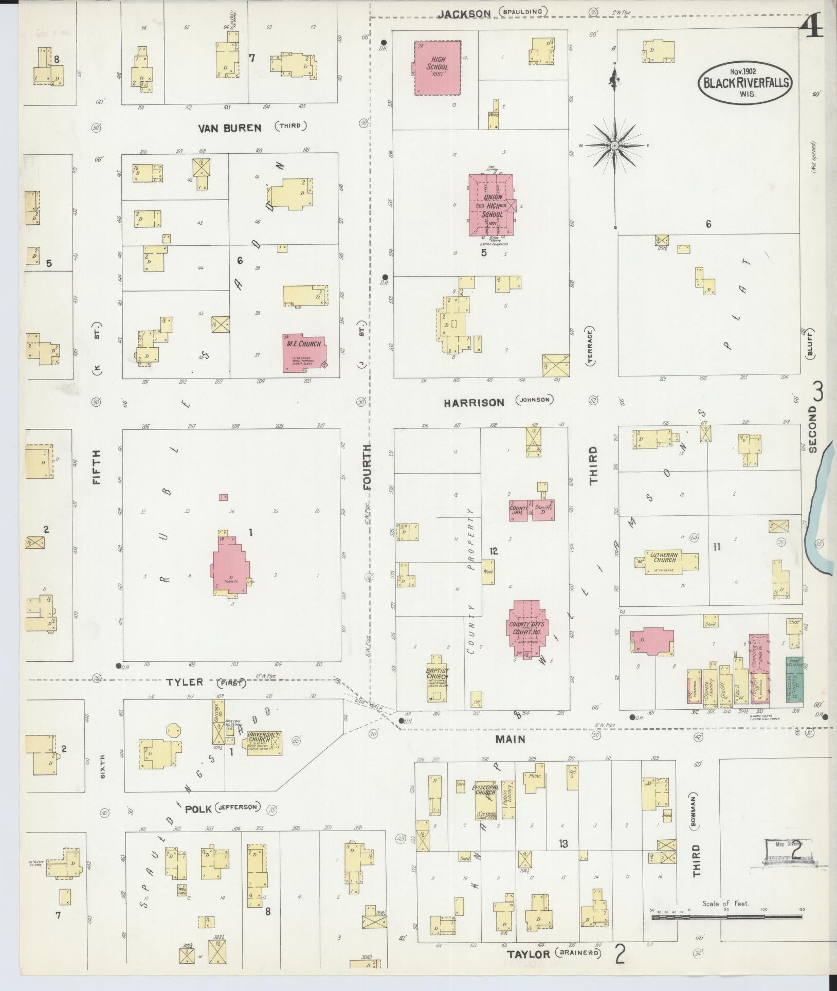 Sanborn Fire Insurance Map from Black River Falls, Jackson County, Wisconsin (1902), Sheet #0004 - Historic Sanborn Fire Insurance Map Print, vintage old map wall art, antique decor, genealogy gift, Wisconsin Wisconsin map