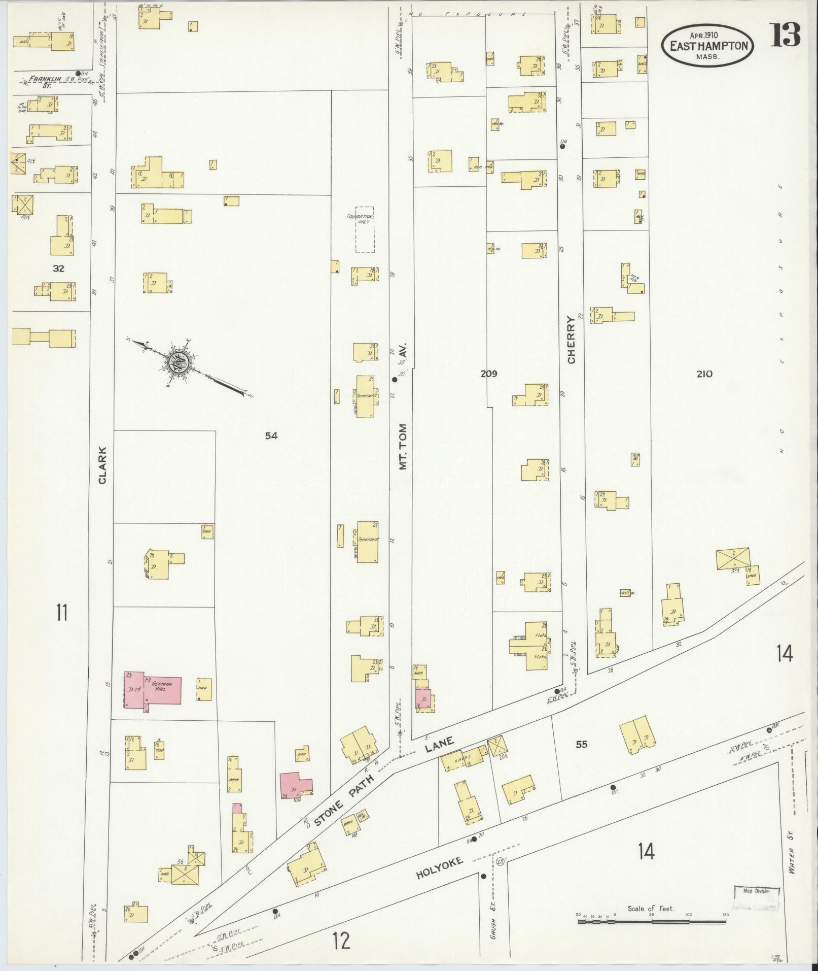 Sanborn Fire Insurance Map from East Hampton, Hampshire County, Massachusetts (1910), Sheet #0013 - Complete Map Set gallery image, historic Sanborn map, vintage wall art, Massachusetts Massachusetts