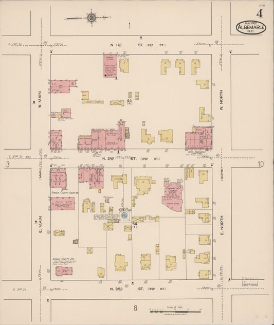 Sanborn Fire Insurance Map from Albemarle, Stanley County, North Carolina (1922), Sheet #0004 - Historic Sanborn Fire Insurance Map Print, vintage old map wall art, antique decor, genealogy gift, North Carolina North Carolina map