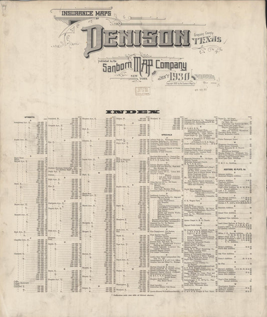 Sanborn Fire Insurance Map from Denison, Grayson County, Texas (1930), Sheet #0001 - Historic Sanborn Fire Insurance Map Print, vintage old map wall art, antique decor, genealogy gift, Texas Texas map
