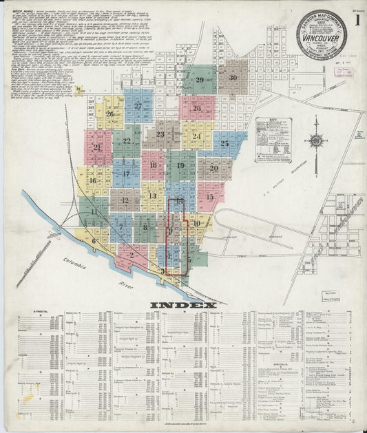 Sanborn Fire Insurance Map from Vancouver, Clark County, Washington (1911), Sheet #0001 - Complete Map Set gallery image, historic Sanborn map, vintage wall art, Washington Washington